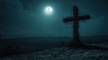 Nighttime Scene with Cross Under Full Moonlight