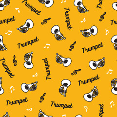 Yellow Brass Instrument Trumpet with Notes Pattern. Ideal for musicians, jazz lovers, and creative designers looking for a unique musical pattern. Perfect for backgrounds, fabric prints, etc