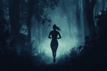 Naklejka premium Silhouette of female running through misty forest at night