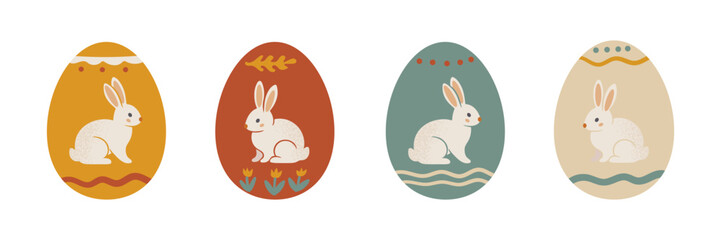 Easter egg, painted with flowers, waves, stripes. Vector set of Easter eggs in flat style on white background.	