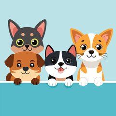 Four adorable pets, two cats and two dogs, peek over a white ledge with curious expressions.