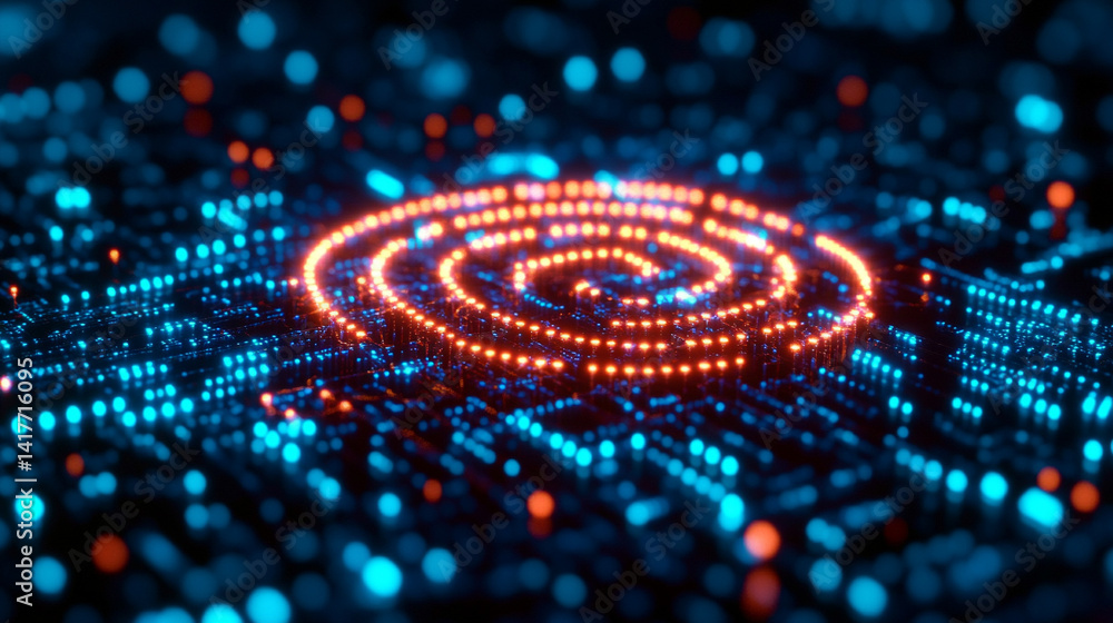 Poster white gold and silver digital maze with interconnected circuit patterns evokes a deep tech aesthetic