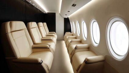 Luxurious Plane Interior: Step inside the refined cabin of a private jet, where plush seating and elegant design create an atmosphere of opulence and comfort for a premium travel experience.