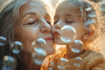 Generative AI Tender Moment Between Grandmother and Granddaughter Surrounded by Soap Bubbles