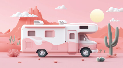 Fototapeta premium Pink RV on a Desert Adventure: A vibrant pink RV, set against a surreal desert landscape, ready for a journey. The illustration evokes a sense of adventure.