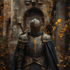 Knight in weathered armor stands amidst autumn foliage in ancient ruins  knight, armor, sword, ancient, ruins, foliage, autumn, corridor, stone, vigilant, medieval