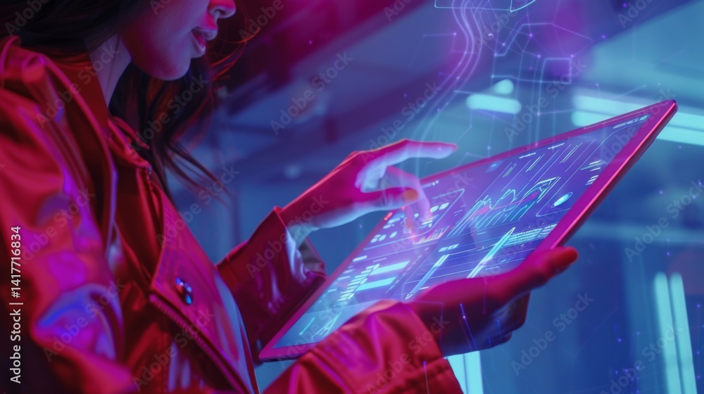 Aufkleber businesswoman using a tablet with a floating ai screen projecting financial data