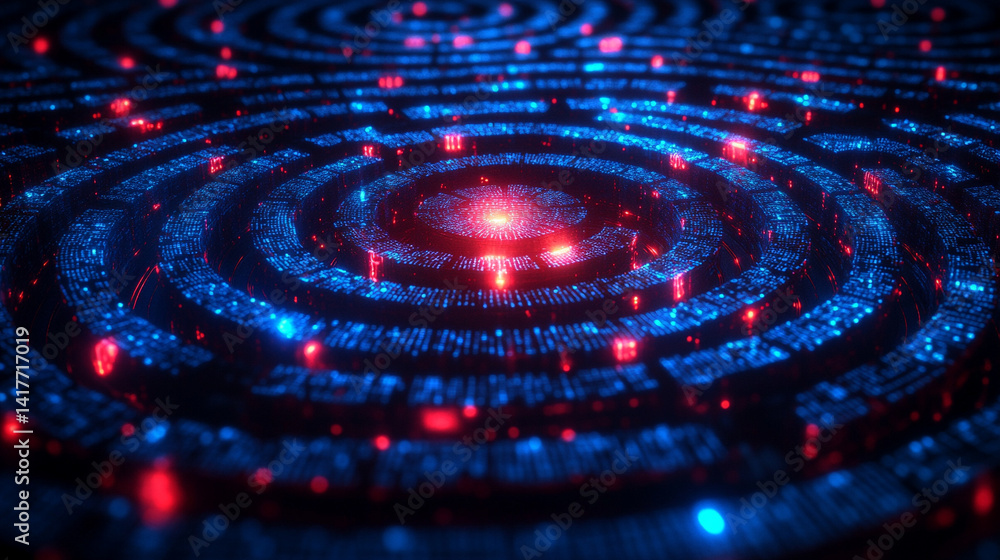 Poster white gold and silver digital maze with interconnected circuit patterns evokes a deep tech aesthetic