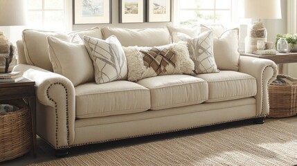 Beige linen sofa with decorative pillows and nailheads.