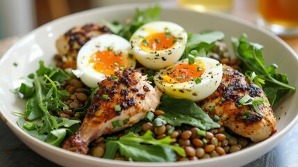 High protein prep with eggs, chicken, lentils and salad