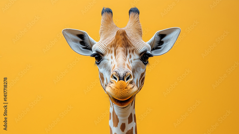 Poster giraffe with a cheerful expression stands against a bright yellow background in a playful setting gi