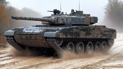 Heavy military equipment traverses a muddy landscape engulfed in fog, showcasing power