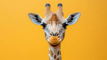 Giraffe with a cheerful expression stands against a bright yellow background in a playful setting  giraffe, animal, wildlife, cheerful, expression, long, neck, spots, bright, background, 