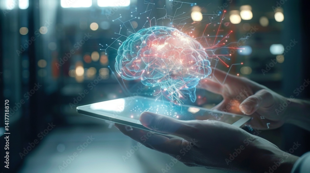 Aufkleber person holding a tablet with a glowing ai interface hovering above, showing charts and graphs