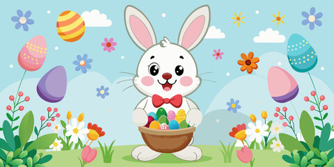 Easter bunny with easter eggs, flowers, sky, background muck up