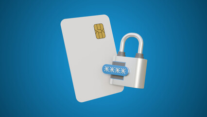 The concept of protecting finances and secure transactions, credit card and password. Blank card with padlock and password on blue background. Secure payment by credit card.