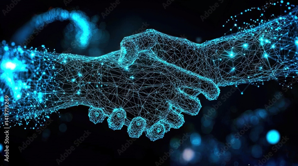 Poster a digital handshake symbolizing partnership and collaboration in a tech-driven world, illuminated by