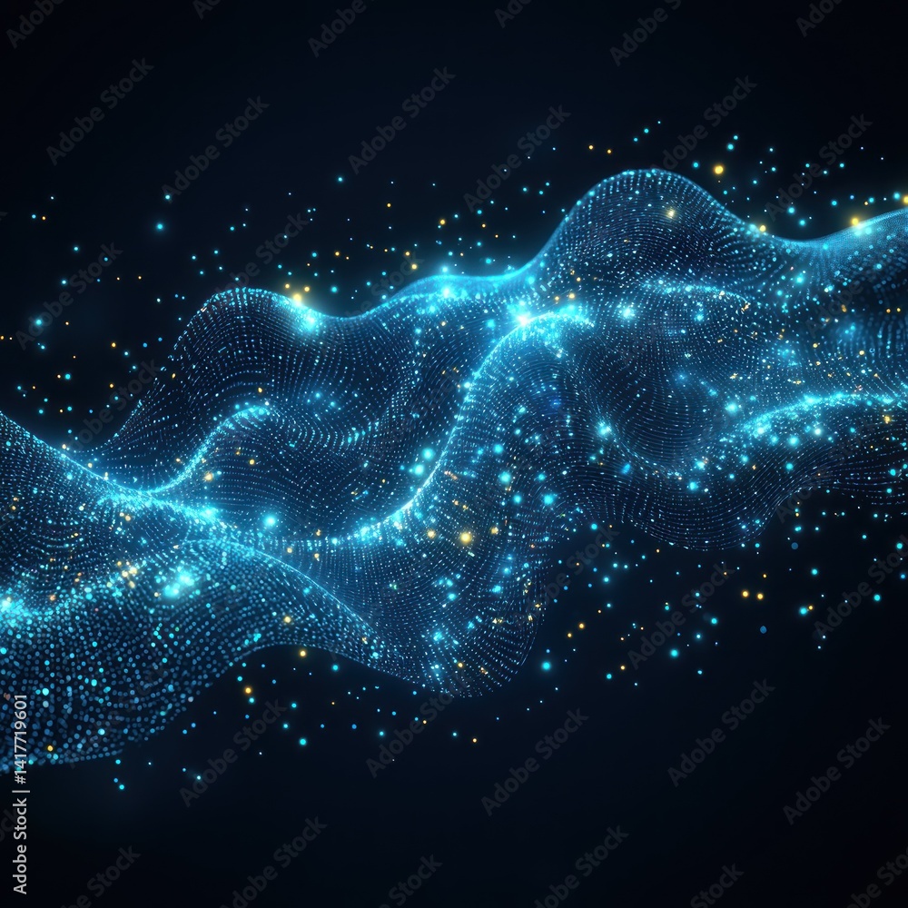 Poster abstract digital wave with glowing particles against a dark backdrop