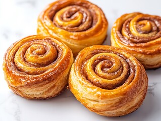 Fototapeta premium Golden Brown Cinnamon Rolls with Flaky Layers on Marble Background Close Up