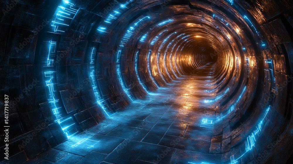 Poster white gold and silver digital maze with interconnected circuit patterns evokes a deep tech aesthetic