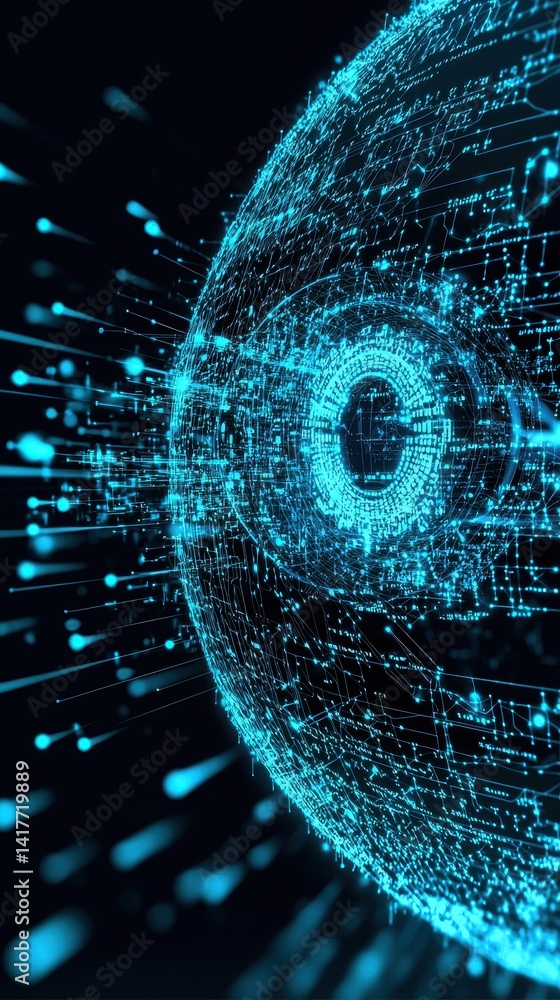 Poster a futuristic digital sphere with glowing lines and dots, representing technology and data connectivi