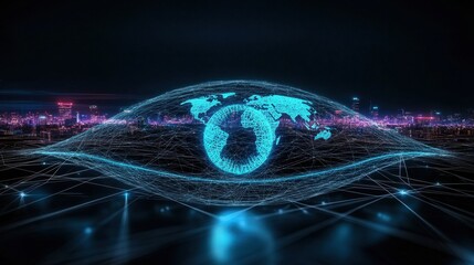 A digital representation featuring an eye overlaid on a globe, symbolizing global connectivity and surveillance in a futuristic urban landscape.