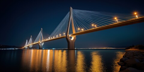 Obraz premium A breathtaking view captures the grandeur of a beautifully illuminated bridge at night reflecting in calm waters, symbolizing progress and architectural elegance against a dark sky.