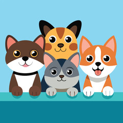 Four adorable pets, two cats and two dogs, peek over a white ledge with curious expressions.