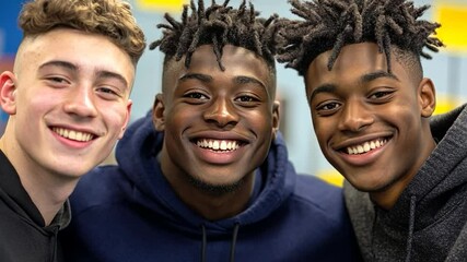 Happy Teenage Boys Smiling Together in Classroom