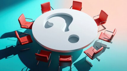 A modern meeting space featuring a round table with a question mark design, surrounded by red chairs, set against a gradient background.