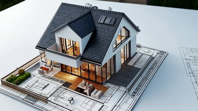 Architectural Visualization, Modern House Design on Blueprint - 3D Rendering Showcase