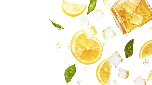 Refreshing iced tea with lemon slices and ice cubes, overhead shot, white background, PNG forma