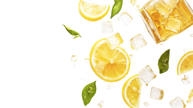 Refreshing iced tea with lemon slices and ice cubes, overhead shot, white background, PNG forma