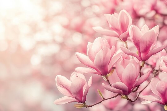 Blooming pink magnolia flowers in soft focus springtime scene