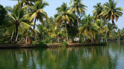 A peaceful river winds through lush green banks beneath a clear blue sky, Serene Jungle River With Lush Palm Trees, Wide Shot, Vibrant Green Foliage,