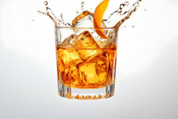 A glass holds a cold cola beverage with ice, while another glass contains brown whiskey, both isolated drinks