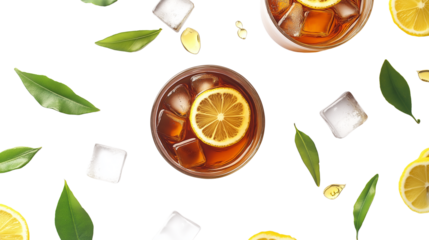 Refreshing iced tea with lemon slices and ice cubes, overhead shot, white background, PNG forma