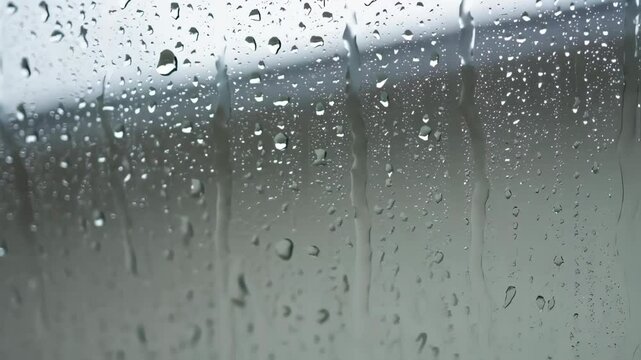 Close up view of raindrops streaming down a wet window pane on a rainy day. Atmospheric shot with blurred background, conveying moody or cozy feel