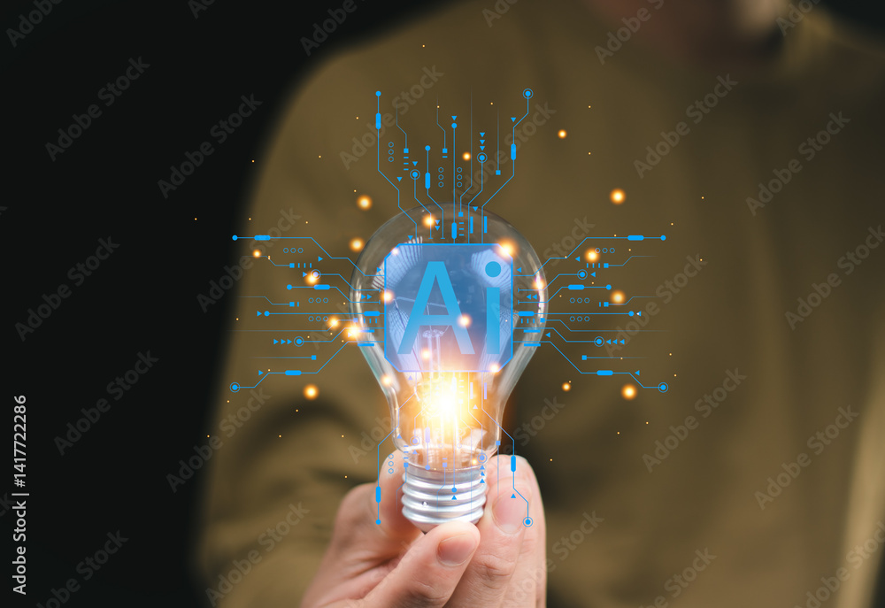 Poster business man holding bulb light with artificial intelligence ai, network internet online, ai generat