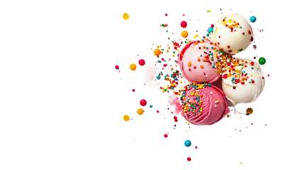 Artistic composition of ice cream scoops with colorful toppings, top view on white, PNG format