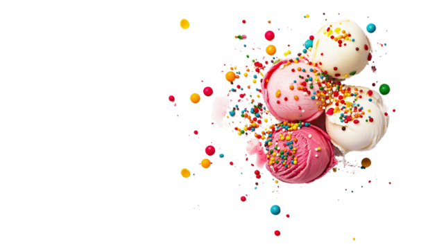 Artistic composition of ice cream scoops with colorful toppings, top view on white, PNG format