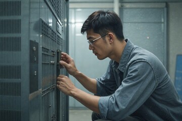 Asian IT Specialist Performing Preventive Maintenance on Cooling Unit