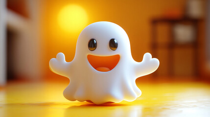 A 3D cartoon ghost icon floats with a friendly smile, symbolizing playful Halloween spirit, childhood nostalgia, and the blending of spooky and cute in modern festive imagery

