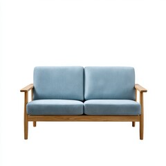 Light blue sofa with wooden frame on white background