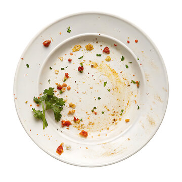a photograph of an empty plate with dirty food isolated on white background, PNG