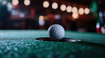 Golf ball resting in a putting green hole.
