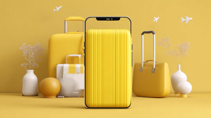 Travel time concept poster presented  A bright yellow suitcase set against a vibrant yellow background