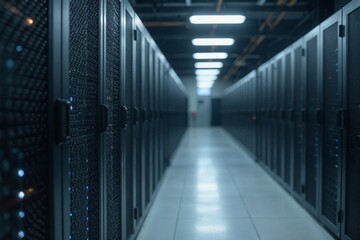 Black Server Racks with Status Lights in Data Center