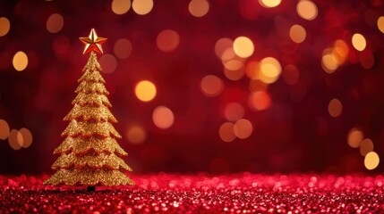 Glittering Gold Christmas Tree with Star on Red Background