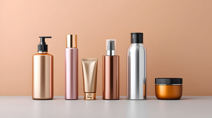 Elegant skincare products arranged on minimalist surface, showcasing variety of containers in different shapes and materials, perfect for premium cosmetic display